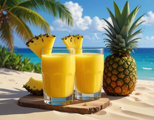 Two glasses of vibrant pineapple smoothie sit on a wooden board, surrounded by fresh pineapple slices, on a sandy beach.