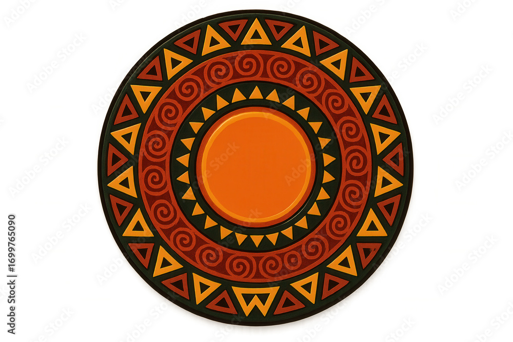 Poster vibrant ethnic pattern displaying geometric shapes, triangular elements, spiraling lines, centered o