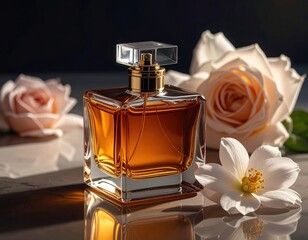 A luxurious amber perfume bottle, exquisitely presented amongst delicate roses and a white flower, exudes a captivating elegance.