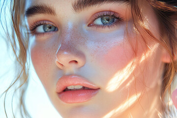 A close-up portrait of a young woman with natural beauty, featuring glowing skin, expressive eyes, and soft, wavy hair illuminated by sunlight.