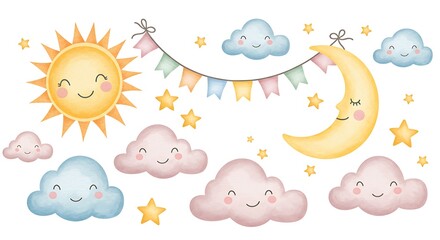 Whimsical watercolor illustration set featuring a smiling sun, crescent moon, pastel clouds, stars, and colorful bunting flags, perfect for nursery decor. © kado