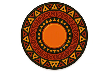 Vibrant ethnic pattern displaying geometric shapes, triangular elements, spiraling lines, centered orange circle on transparent backdrop