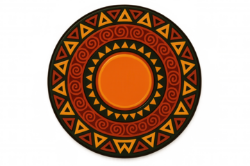 Vibrant ethnic pattern displaying geometric shapes, triangular elements, spiraling lines, centered orange circle on transparent backdrop