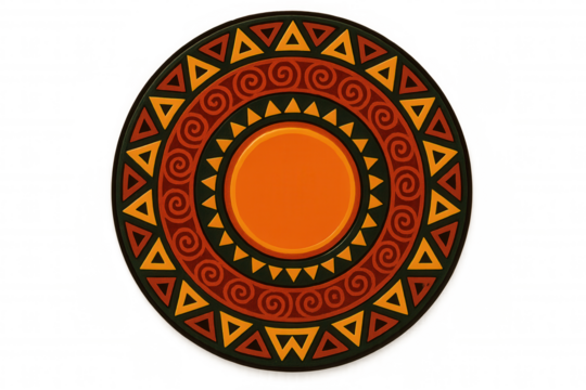Vibrant ethnic pattern displaying geometric shapes, triangular elements, spiraling lines, centered orange circle on transparent backdrop