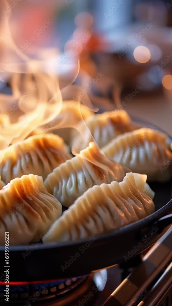 Poster steaming hot dumpling with golden crispy bottom arranged pan, soft light and shallow depth of field 