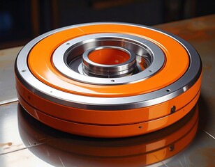 A circular, metallic, and brightly orange industrial component, showcasing intricate concentric rings and reflective surfaces.
