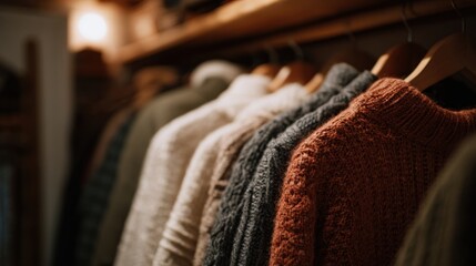A close-up view of various sweaters hanging on wooden hangers in a cozy setting. The colors include beige, gray, and rust, showcasing a warm, inviting atmosphere.