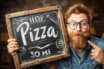A cheerful man with a beard holds a chalkboard sign that says "Pizza" with a playful expression, promoting pizza with enthusiasm.