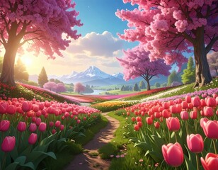 A vibrant spring landscape, filled with colorful tulips and blossoming cherry trees, creates a serene and idyllic scene under a bright sunrise.