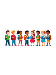 Diverse group of happy cartoon children with backpacks standing together