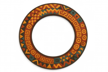 Colorful ethnic circular frame presenting traditional african or aztec decorations on a transparent background, ideal for graphic projects