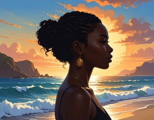A woman with dark curly hair, gazing thoughtfully at a sunset over a tranquil ocean shore, evokes a peaceful and reflective mood.