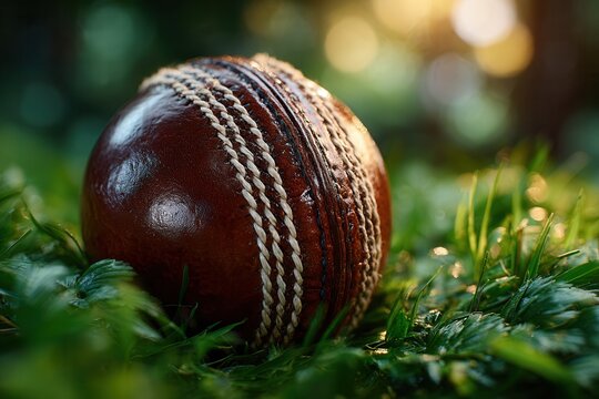Stunning cricket ball resting on lush green grass with warm sunlight filtering through.