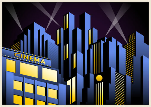 Art Deco Posters Style Illustration. Futuristic City, Skyscrapers, Bridges, Spotlights. Vector Template for Art Deco Placards, Covers, Illustrations