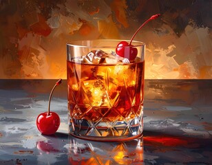 A rich, amber-hued cocktail, garnished with a vibrant cherry, sits on a polished surface against a backdrop of textured, warm tones.