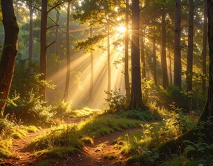 Golden sunlight streams through a tranquil forest, illuminating a pathway lined with vibrant greenery and towering trees.