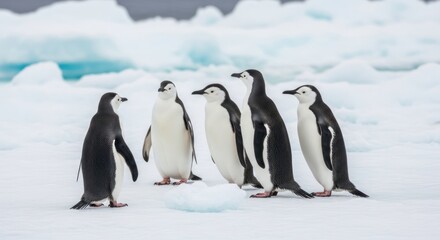 Obraz premium Group of Chinstrap Penguins on Ice, Antarctic Landscape, Wildlife Photography.