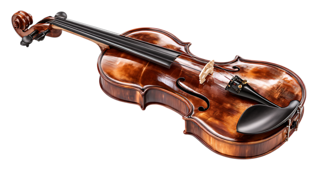 Closeup of a brown violin isolated on transparent background, showcasing its details
