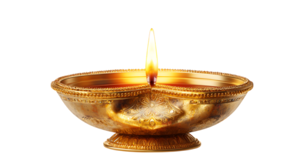 Golden diya lamp with a flame isolated on transparent background, symbolizing light