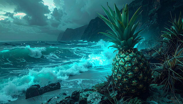 Glowing pineapple on a stormy teal beach at twilight. - Powered by Adobe