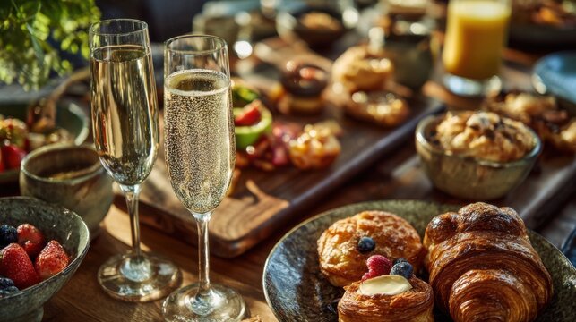 A beautifully arranged brunch table with various pastries, fruits, and drinks. Includes croissants, muffins, berries, and sparkling beverages. - Powered by Adobe