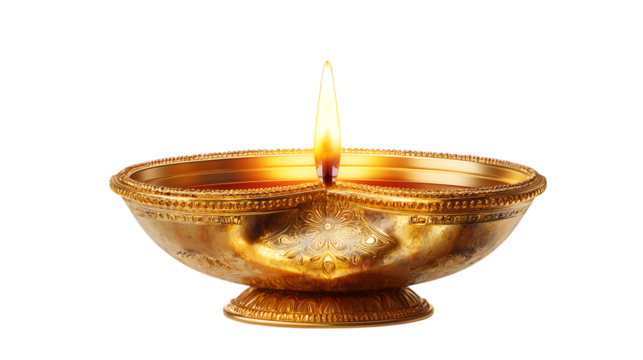 Golden diya lamp with a flame isolated on transparent background, symbolizing light