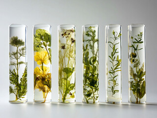 Preserved Botanical Samples in Clear Test Tubes with Water Display