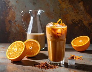 A refreshing iced coffee drink garnished with orange zest, perfect for a warm day.