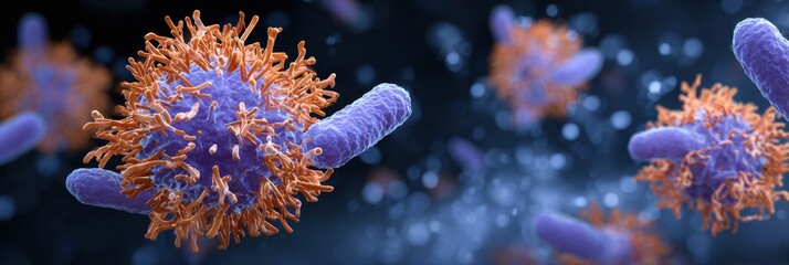 Microscopic View of Virus and Bacteria Interaction in a Digital Environment Showcasing Cellular Structures and Molecular Dynamics