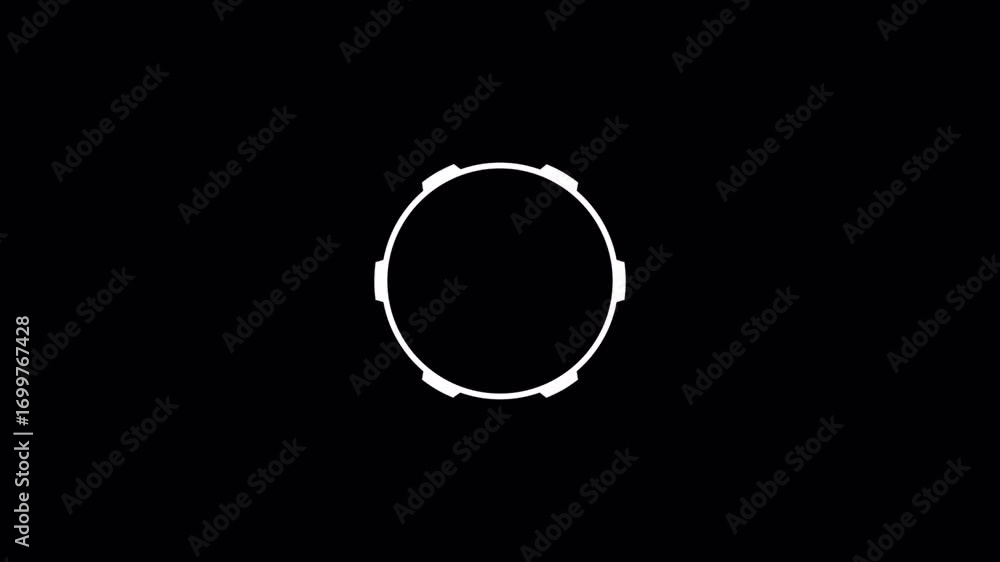 Poster dynamic white gear ring animation on black background: abstract motion graphic loop