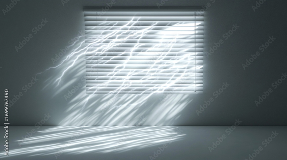 Poster light streams through window blinds creating beautiful shadows on wall and floor minimalist interior