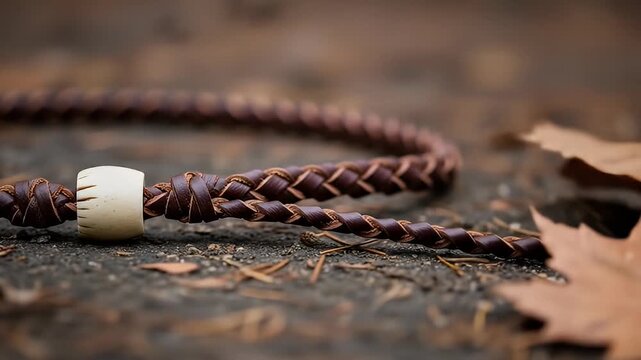 Close-up of a braided leather cord with a decorative bead, resting on a textured surface with autumn leaves