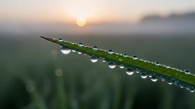 Close-up of a dewy grass blade at sunrise, capturing nature's beauty in a serene landscape