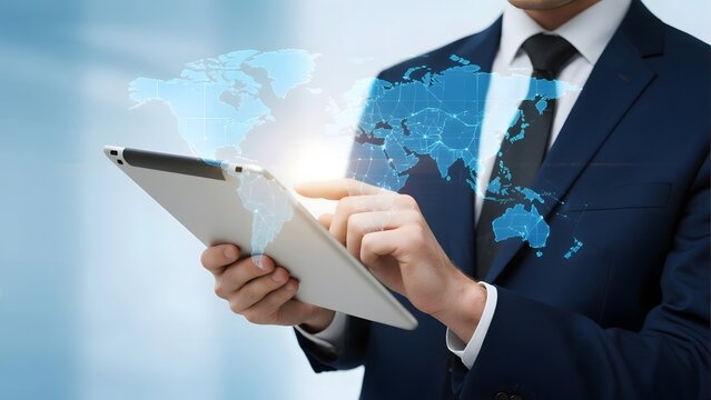 Businessman holding a tablet with a holographic world map projection