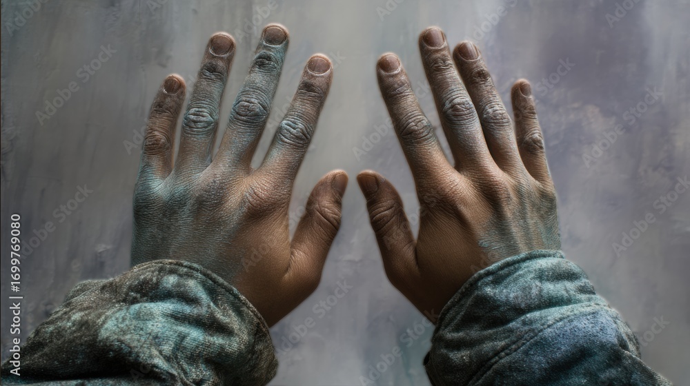 Poster hands with unique texture and color contrasts against a blurred background in an artistic presentati