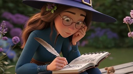 A young woman in a blue outfit and hat sketches in a notebook surrounded by flowers