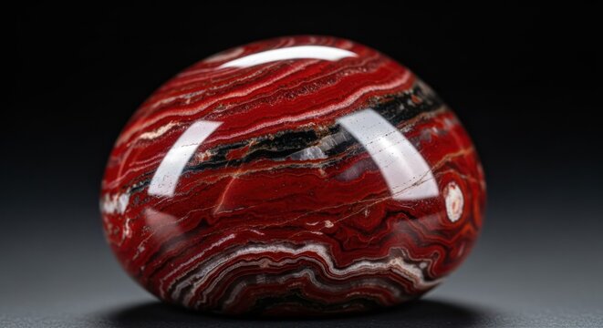 Polished banded red agate sphere, detailed textural mineral pattern