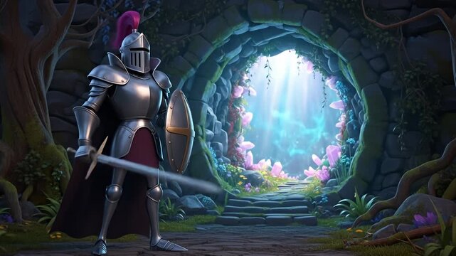 A valiant knight in shining armor stands guard at a mystical forest entrance with glowing flora
