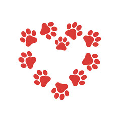 Red dog paw heart PNG, transparent background, pet love symbol, paw print wreath clipart, adoption rescue logo, greeting card sticker, minimalist icon, isolated mockup
