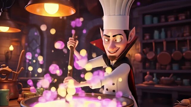 A whimsical chef character stirs a colorful potion in a magical kitchen filled with antiques