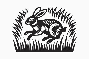 Leaping Hare in Decorative Grass Design on White Background