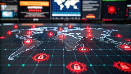 cyber incident response Digital world map with security alerts and data visualizations displayed on screens.
