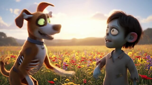 A whimsical animated scene featuring a cheerful dog and a playful zombie boy in a vibrant flower field at sunset