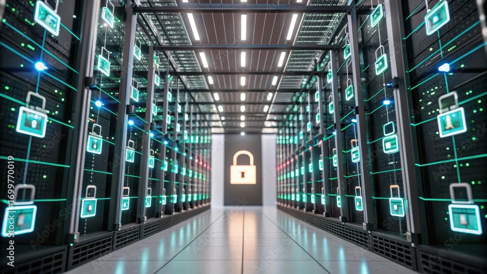 Aufkleber cyber incident response high-tech server room with digital security features and illuminated pathway