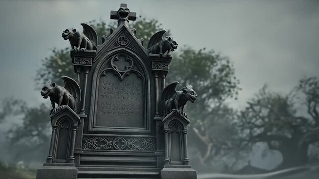 A gothic tombstone adorned with gargoyles in a misty graveyard, surrounded by eerie trees