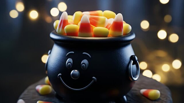 A whimsical black cauldron filled with colorful candy corn, set against a softly lit, festive background