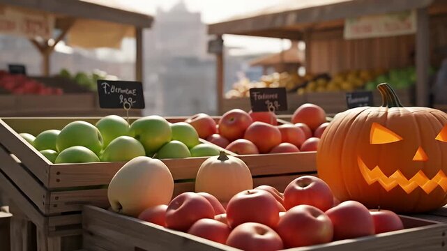 A vibrant pumpkin with a spooky face sits among fresh apples at a lively market scene