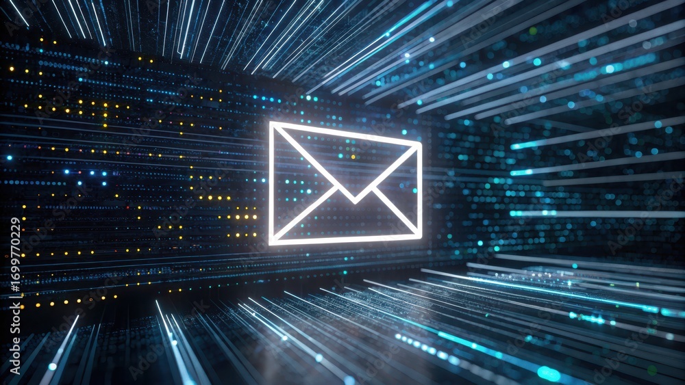 Aufkleber cybersecurity dashboard digital envelope icon surrounded by dynamic glowing lines, symbolizing commu