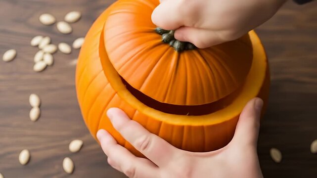 A person carving a pumpkin on a wooden table, surrounded by pumpkin seeds and autumn decor