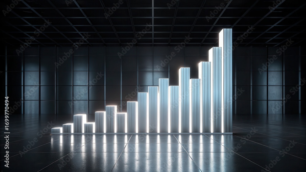 Poster cybersecurity dashboard 3d bar graph representation on a reflective surface in a modern, dark enviro